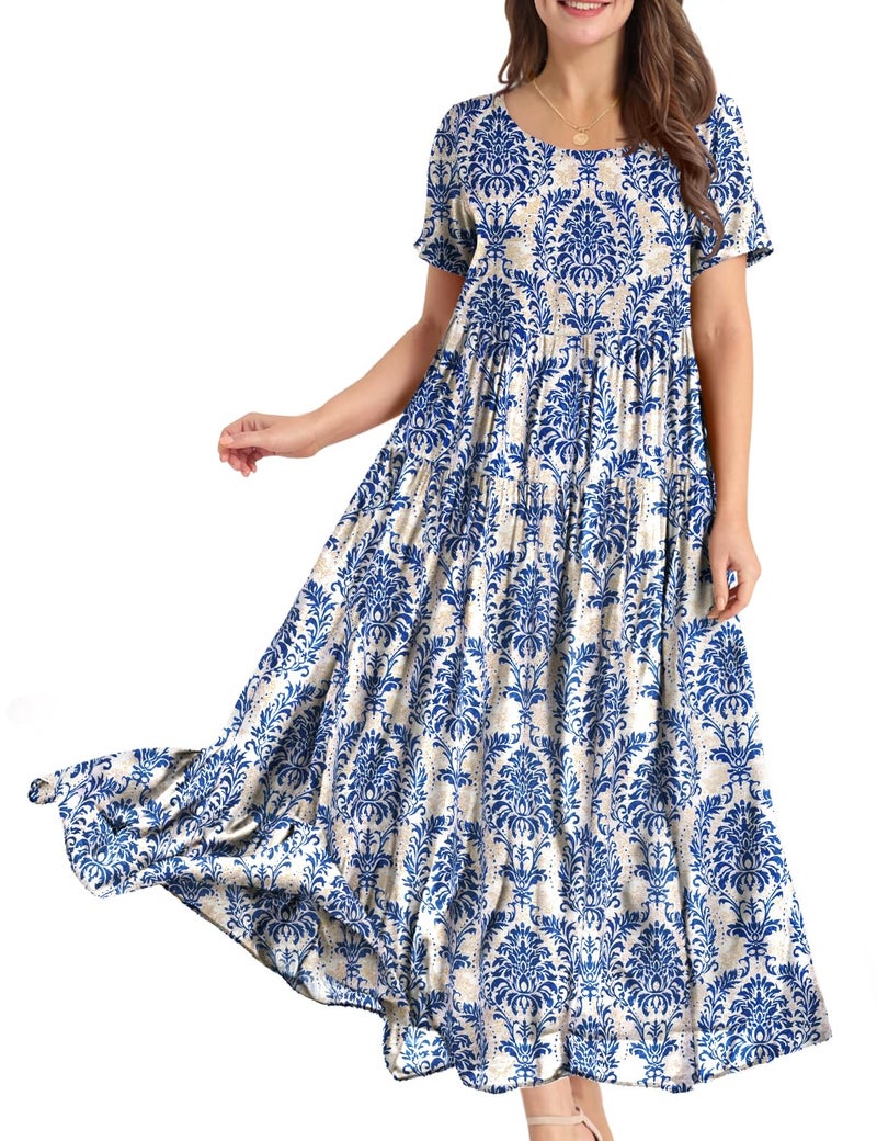 YESNO Women Casual Loose Bohemian Floral Dress with Pockets Short Sleeve Long Maxi Summer Beach Swing Dress 3XL EJF CR425B - Image 1