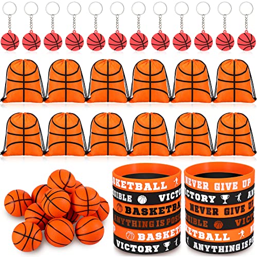 LEIFIDE 48 Pcs Basketball Party Favors 12 Sets Silicone Bracelet Drawstring Treat Bag Mini Stress Ball Keychains for Basketball Birthday Party Supplies - Image 1