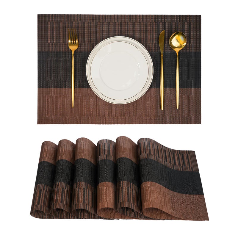 flohar Placemats Set of 6，Non-Slip PVC Weave Table Mats Easy to Clean，Heat Resistant Place Mats for Kitchen Dining Table Decoration Indoor Outdoor，Black Brown - Image 1