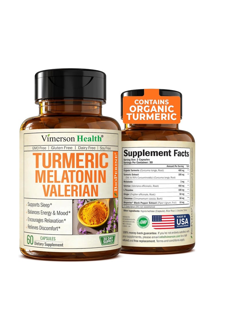 Vimerson Health Turmeric Supplement - Turmeric Curcumin with Black Pepper, Melatonin 3mg & Valerian. Natural Sleep Aid for Adults with L-Theanine, Ginger, Valerian Root Capsules. Aids Relaxation and Mood. 60 Capsules - Image 1
