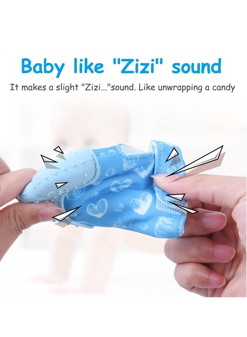 قفاز تسنين من السيليكون،قطعتان من قفاز التسنين للاطفال، لعبة تسنين الطفل مع حزام قابل للتعديل، صوت خشخشة ومنسوج، العاب مضغ للاطفال الرضع من عمر 0-6 اشهر(أزرق) - Image 5