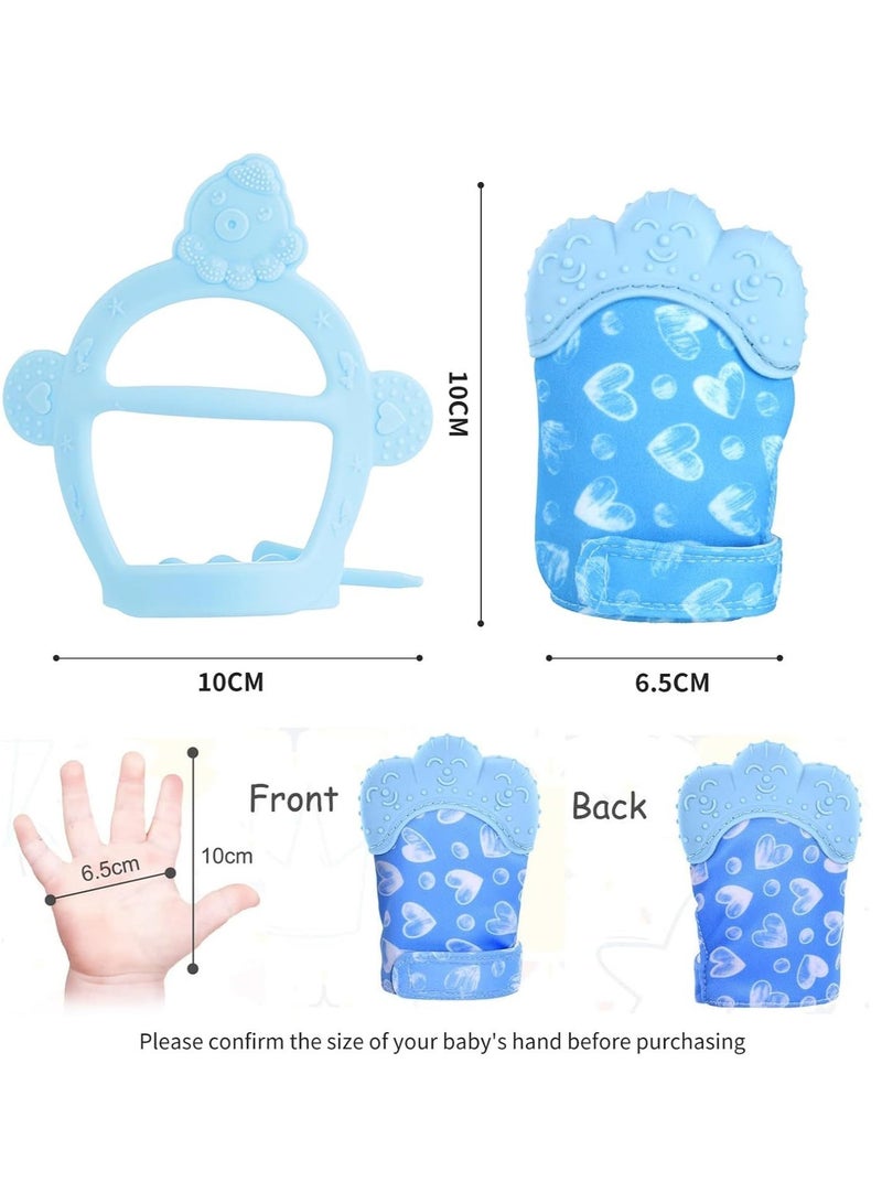 قفاز تسنين من السيليكون،قطعتان من قفاز التسنين للاطفال، لعبة تسنين الطفل مع حزام قابل للتعديل، صوت خشخشة ومنسوج، العاب مضغ للاطفال الرضع من عمر 0-6 اشهر(أزرق) - Image 2