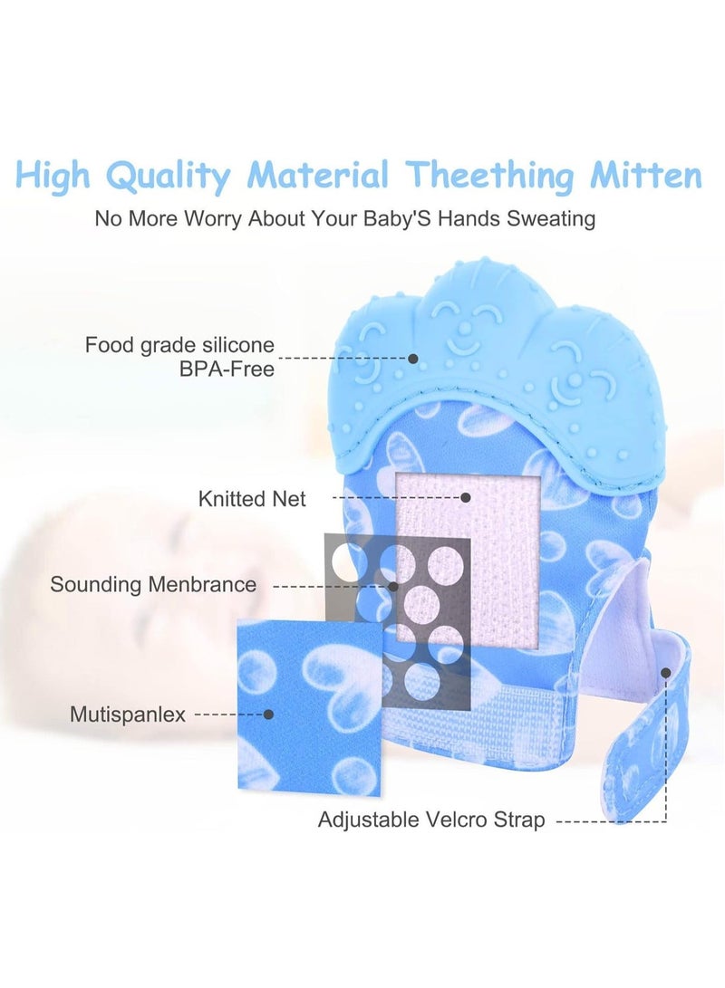 قفاز تسنين من السيليكون،قطعتان من قفاز التسنين للاطفال، لعبة تسنين الطفل مع حزام قابل للتعديل، صوت خشخشة ومنسوج، العاب مضغ للاطفال الرضع من عمر 0-6 اشهر(أزرق) - Image 4