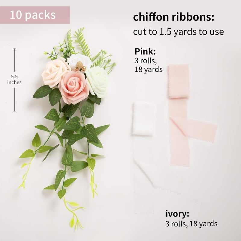 DORIS HOME Wedding Aisle Decorations Pink Pew Flowers Set of 10 for Wedding Ceremony Party Chair Decor with Artificial Flowers Eucalyptus and Ribbons - Image 3
