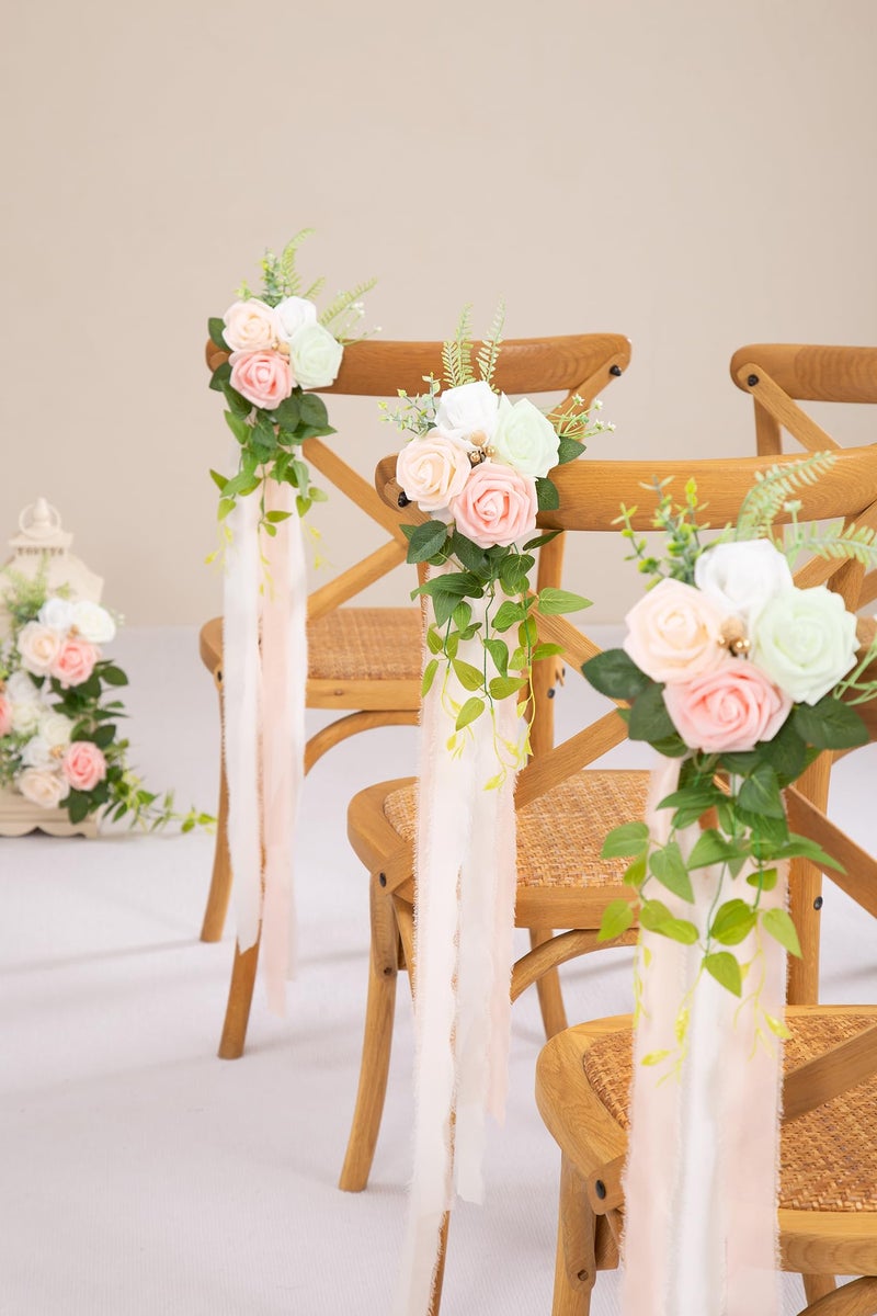DORIS HOME Wedding Aisle Decorations Pink Pew Flowers Set of 10 for Wedding Ceremony Party Chair Decor with Artificial Flowers Eucalyptus and Ribbons - Image 2