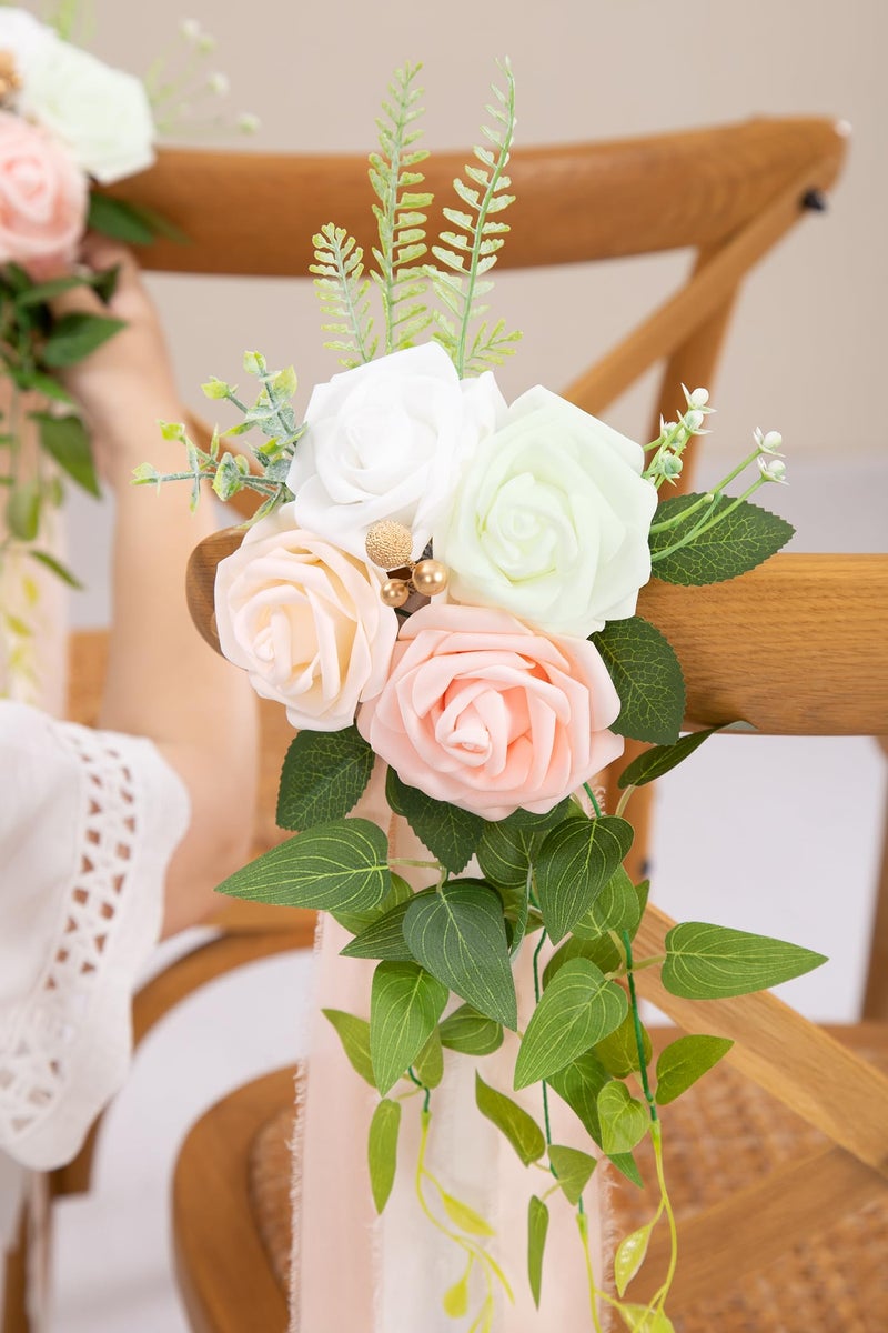 DORIS HOME Wedding Aisle Decorations Pink Pew Flowers Set of 10 for Wedding Ceremony Party Chair Decor with Artificial Flowers Eucalyptus and Ribbons - Image 4