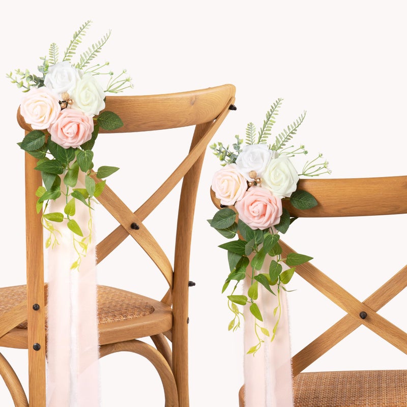 DORIS HOME Wedding Aisle Decorations Pink Pew Flowers Set of 10 for Wedding Ceremony Party Chair Decor with Artificial Flowers Eucalyptus and Ribbons - Image 1