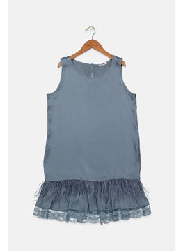 byblos Kids Girl Round Neck Sleeveless Lace Dress, Dusty Blue  - Image 1