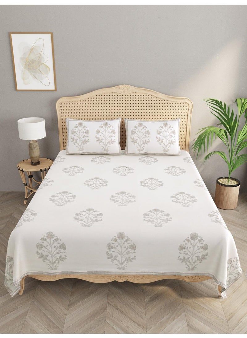 HOUSE OF GULAB House of Gulab Handblock Print Percale Cotton King Bedsheet with 2 Pillow Covers 108X108 Inches White 