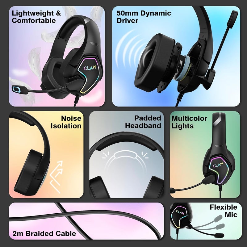 CLAW GH40 Wired RGB Gaming Headset with 50mm Drivers, Noise-Isolating Microphone, 3.5mm Audio Jack, 2m Braided Cable | Compatible with PC, PS4, PS5, Xbox, Laptops & Mobile Devices - Image 2
