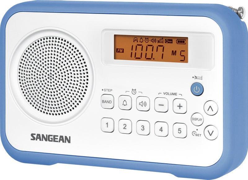 Sangean PR-D18BU AM/FM Portable Digital Radio with Protective Bumper, White/Blue - Image 1