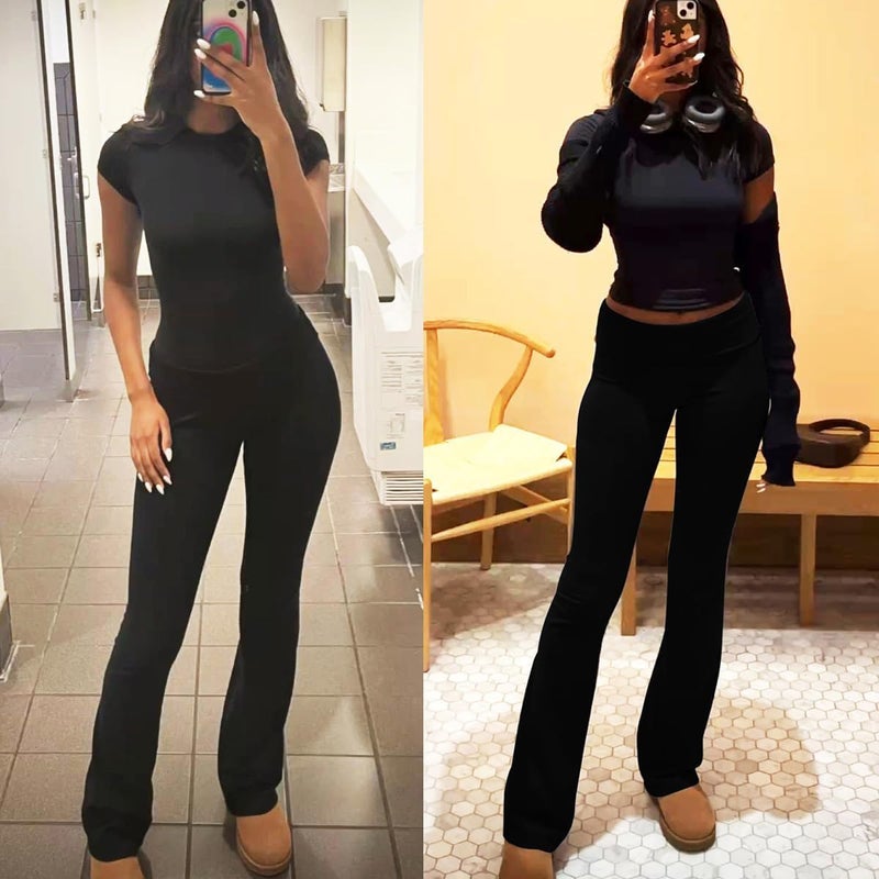 ZFLM Casual Workout Two Piece Outfits for Women Short Sleeve Crop High Waist Foldover Flare Pants Tracksuit Sets Streetwear - Image 4