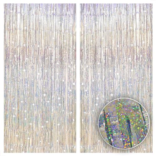 KatchOn, Iridescent Silver Backdrop Curtain - XtraLarge, 3.2x8 Feet Pack of 2 | Silver Fringe for Birthday Decor, Bachelorette, Birthday, Engagement, Prom Decoration | Graduation Decorations 2025 - Image 1
