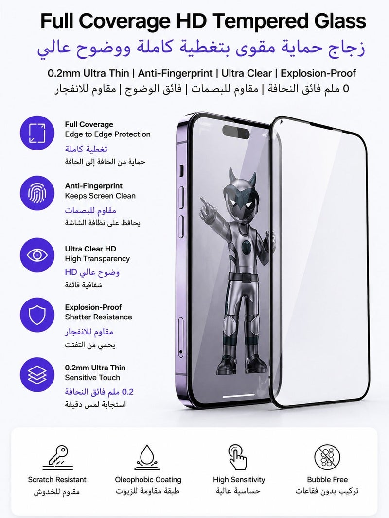 0.2mm Ultra-Thin HD Full Coverage Tempered Glass Screen Protector for iPhone 16 Pro, 16 Pro Max, 17 Pro, 17 Pro Max - Image 1