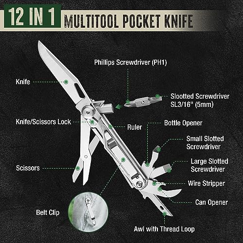 Mossy Oak 12-in-1 Multitool Pocket Knife with Pouch, Stainless Steel Multitool Knife with Clip, Survival Tools with Scissors, Bottle Opener, Wire Stripper, Glass Breaker, Screwdriver - Image 3