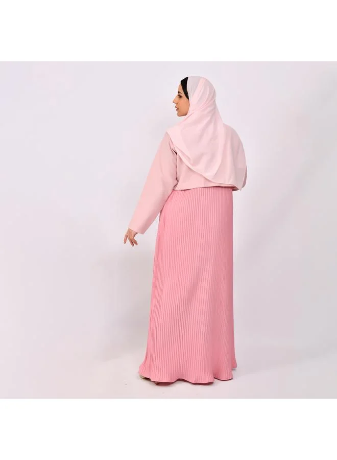 HAWRAA ABAYA Light pink blazer abaya with dark pink overlay and pleats at the bottom of the abaya