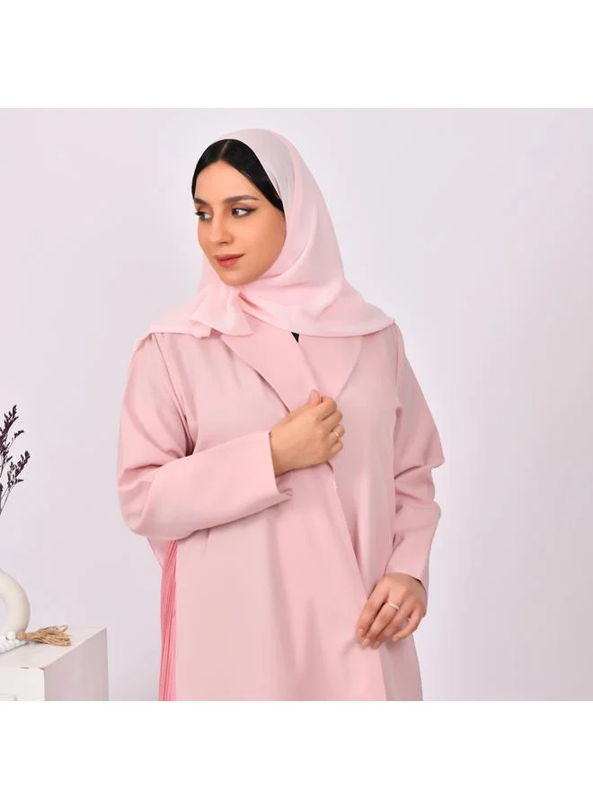 HAWRAA ABAYA Light pink blazer abaya with dark pink overlay and pleats at the bottom of the abaya