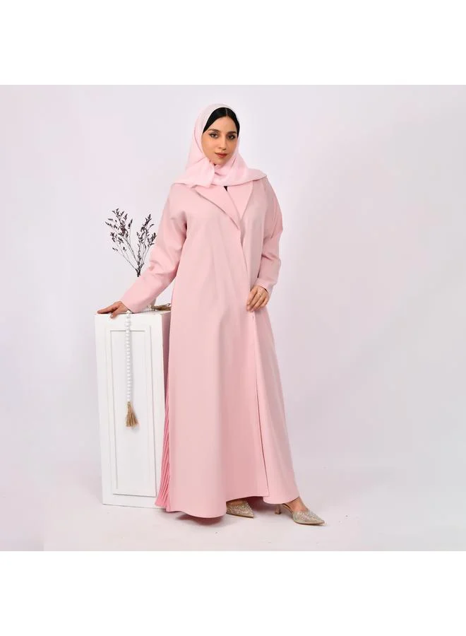 HAWRAA ABAYA Light pink blazer abaya with dark pink overlay and pleats at the bottom of the abaya