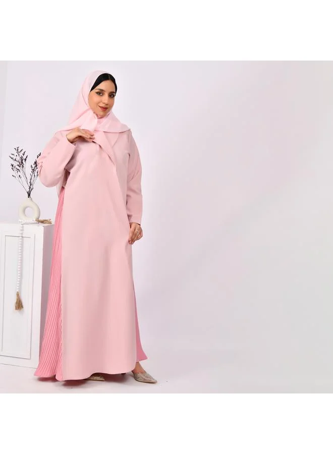 HAWRAA ABAYA Light pink blazer abaya with dark pink overlay and pleats at the bottom of the abaya