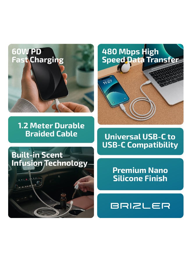 بريزلر كابل USB-C إلى USB-C بطول 1.2 متر من السيليكون النانوي، بقدرة 60 واط، يدعم الشحن السريع ويتميز بخاصية نشر الرائحة - رمادي - Image 2