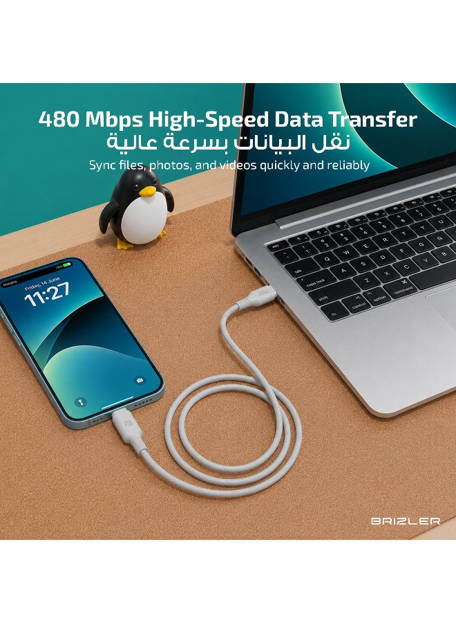 بريزلر كابل USB-C إلى USB-C بطول 1.2 متر من السيليكون النانوي، بقدرة 60 واط، يدعم الشحن السريع ويتميز بخاصية نشر الرائحة - رمادي - Image 4
