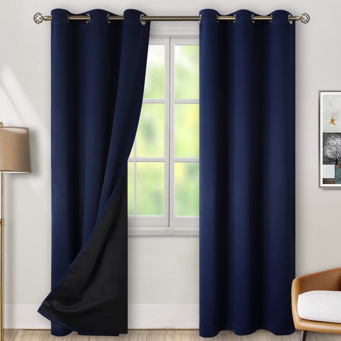 THERMAL INSULATED 100 BLACKOUT CURTAINS FOR BEDROOM WITH BLACK LINER DOUBLE LAYER FULL ROOM DARKENING NOISE REDUCING GROMMET CURTAIN 42 X 84 INCH NAVY BLUE 2 PANELS