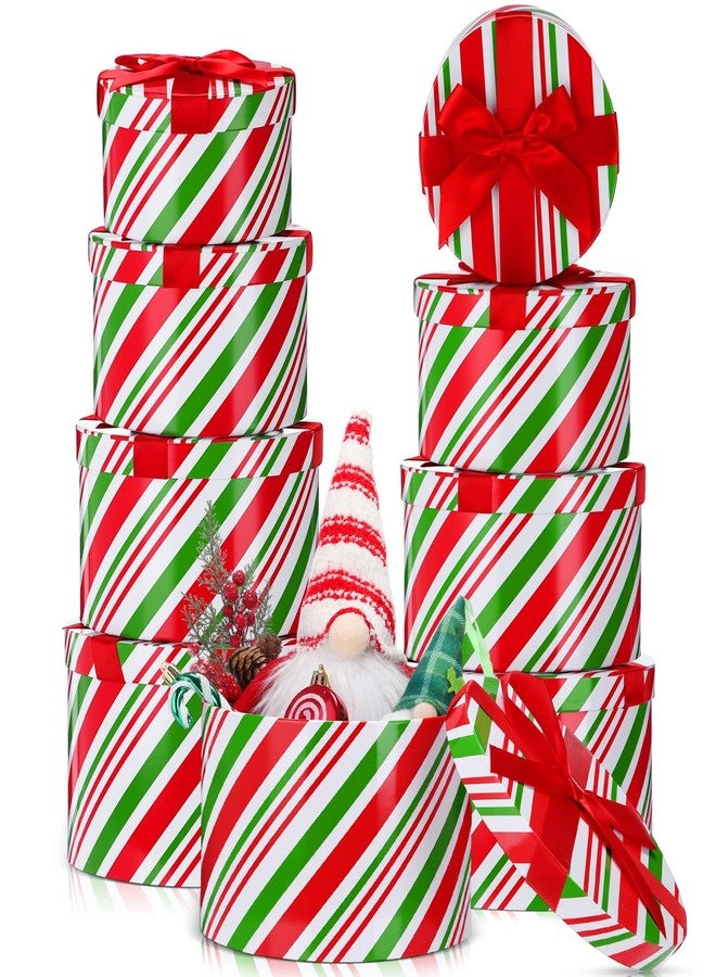 Zhanmai Red White Green Christmas Nesting Boxes Set of 8, Stackable Round Gifts Box with Lids for Present in 4 Assorted Sizes Candy Cane Box Tower Decor for Present Wrapping Holiday Party Supplies - Image 1