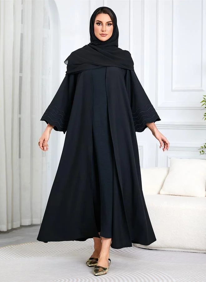 Take Two Black Solid Maxi Abaya with Scalloped Sleeves