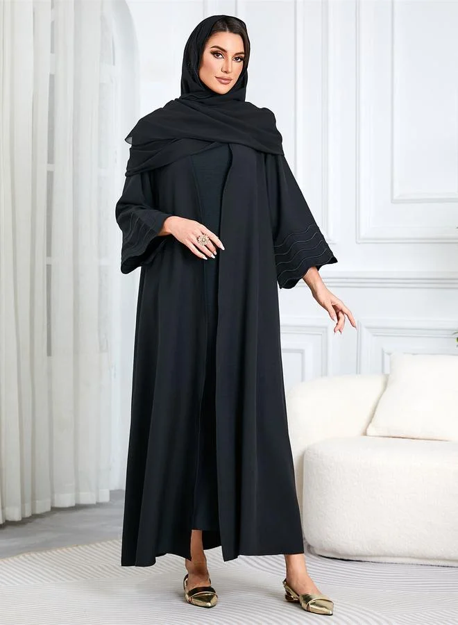 Take Two Black Solid Maxi Abaya with Scalloped Sleeves