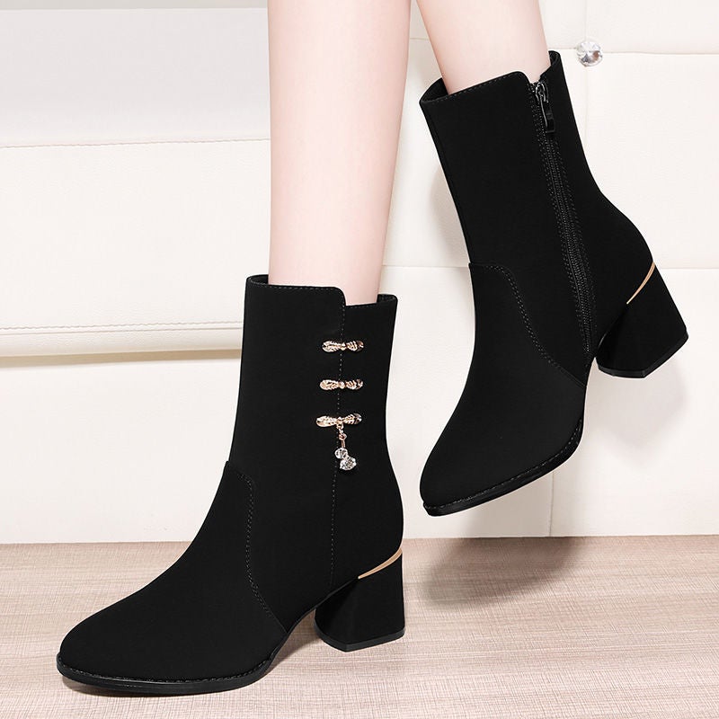 Thickened Fleece-Lined Boots 2023 Mid Heel Thick Heel Half Barrel Cotton Boots Non-Slip Soft Bottom Short Boots Snow Boots - Image 3