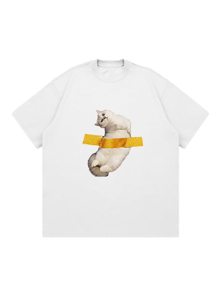 Overisze Loose Niche Tape Cat Japanese Retro Simple Short Sleeve Trendy Half Sleeve T-Shirt Heavy Cotton - Image 1