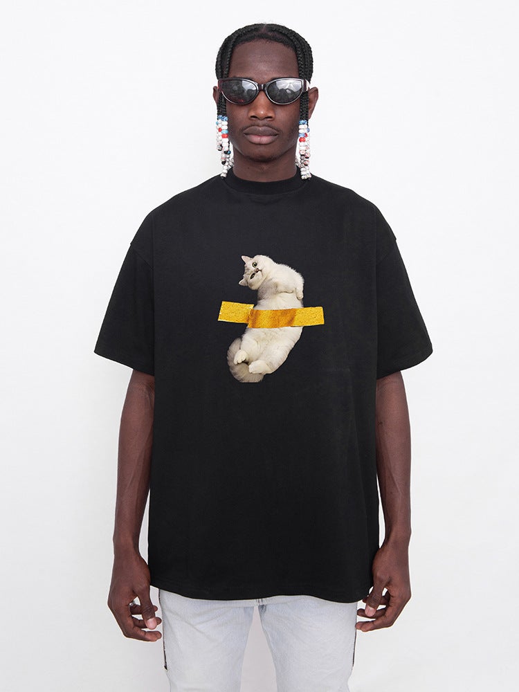 Overisze Loose Niche Tape Cat Japanese Retro Simple Short Sleeve Trendy Half Sleeve T-Shirt Heavy Cotton - Image 5