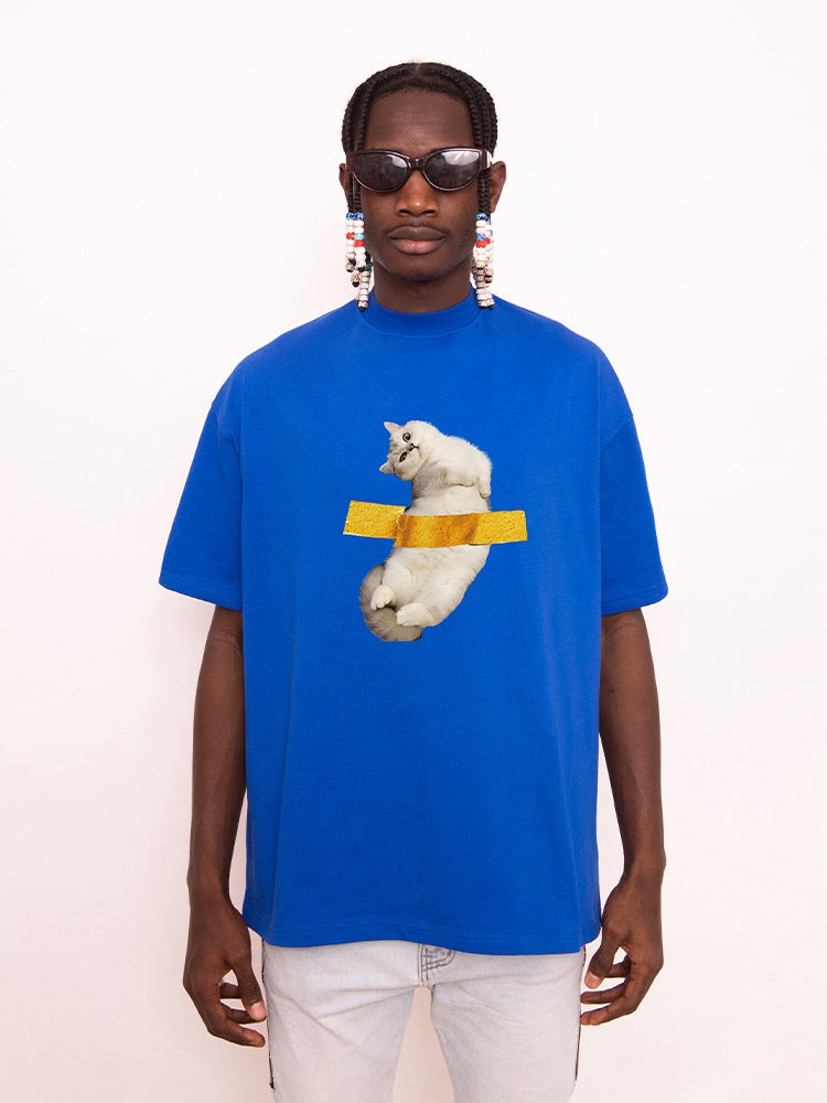 Overisze Loose Niche Tape Cat Japanese Retro Simple Short Sleeve Trendy Half Sleeve T-Shirt Heavy Cotton - Image 2