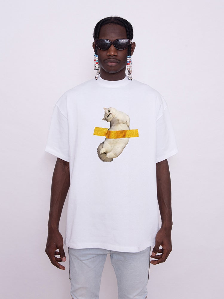 Overisze Loose Niche Tape Cat Japanese Retro Simple Short Sleeve Trendy Half Sleeve T-Shirt Heavy Cotton - Image 4