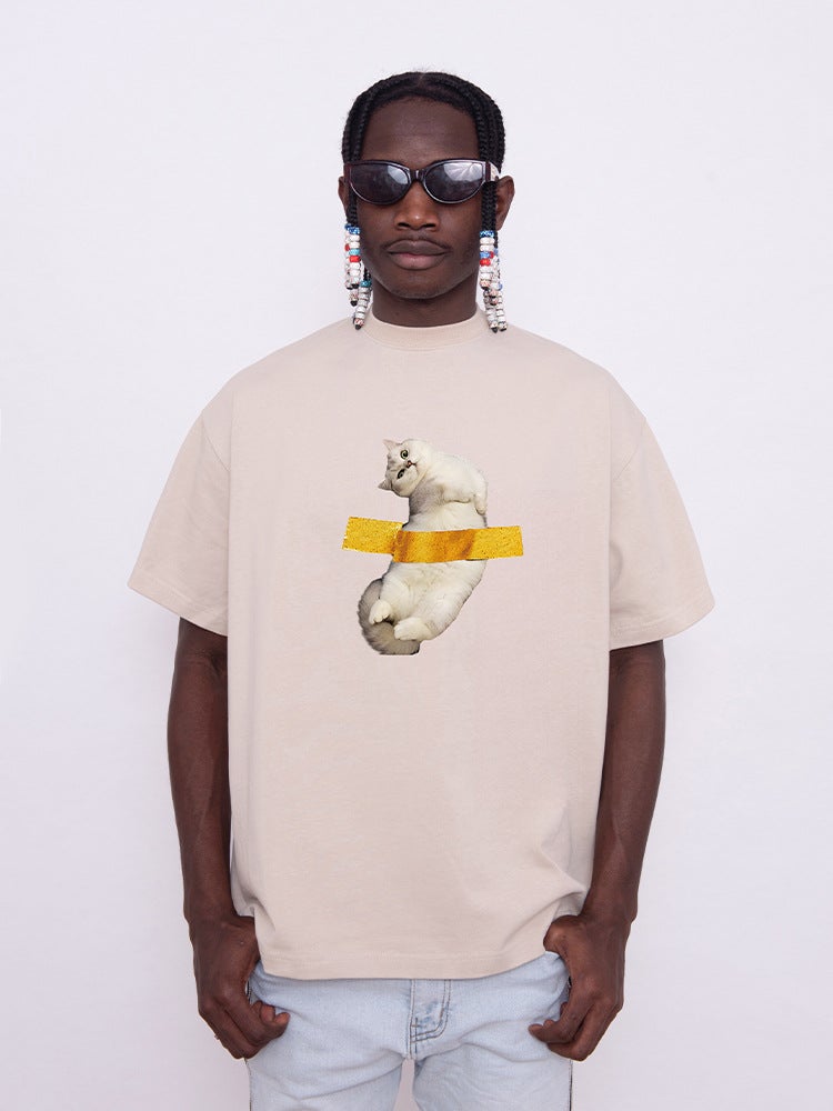 Overisze Loose Niche Tape Cat Japanese Retro Simple Short Sleeve Trendy Half Sleeve T-Shirt Heavy Cotton - Image 3