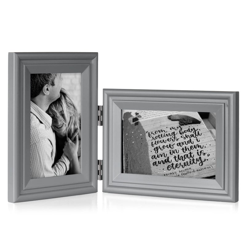 Tamolus 4x6 Double Hinged Picture Frame Folding Photo Frame Vertical and Horizontal in Gray Pine Wood with Real Glass for Tabletop X2-HUI-SH46 - Image 1