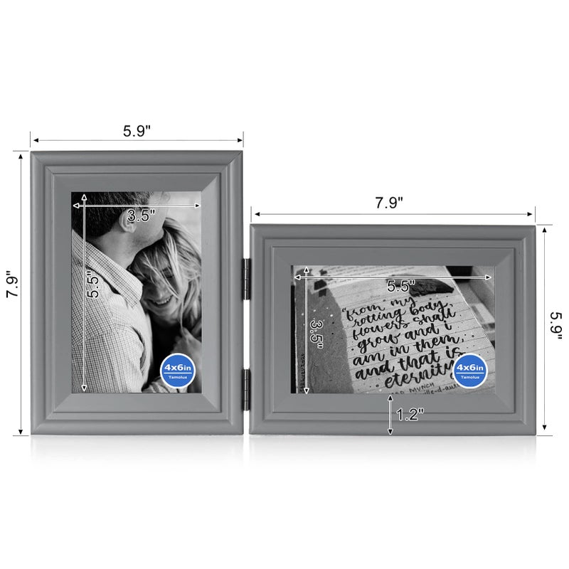 Tamolus 4x6 Double Hinged Picture Frame Folding Photo Frame Vertical and Horizontal in Gray Pine Wood with Real Glass for Tabletop X2-HUI-SH46 - Image 2