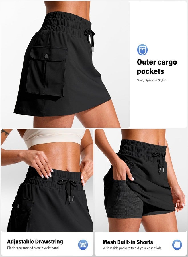 SANTINY 14" Cargo Skorts for Women with 4 Pockets Drawstring High Waisted Golf Hiking Skirt for Casual Summer Travel (Black_M) - Image 5