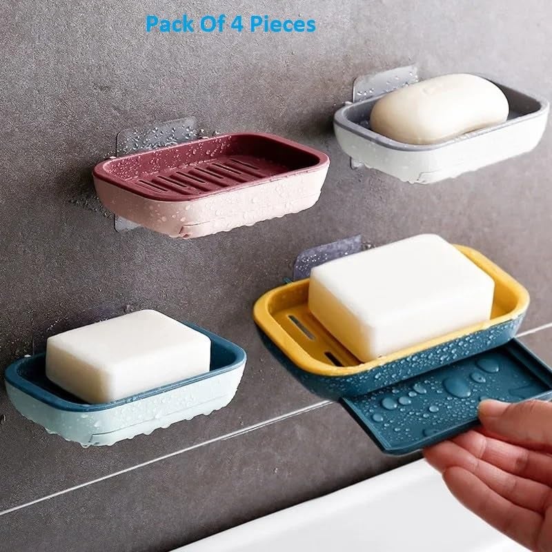 FavHome 4 Pcs Wall Mounted Self Adhesive Soap Box Holder with Drain Tray Soap Case with Contemporary Eleghant Design for Modern Bathrooms Kitchen - Mix Colors (4) - Image 3