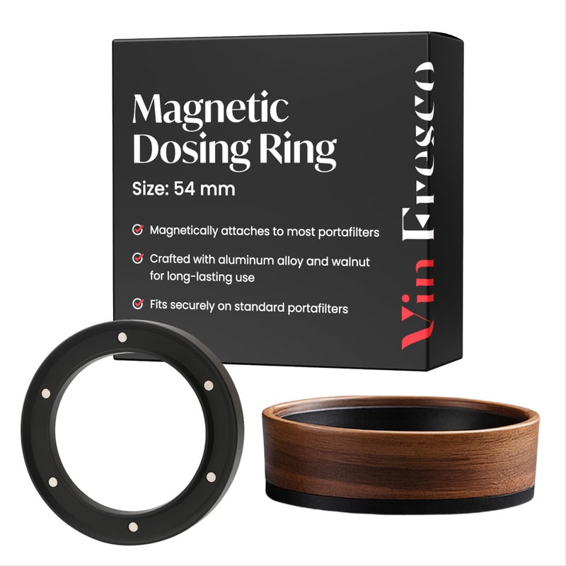 VIN FRESCO 54mm Espresso Dosing Funnel â€“ Magnetic Coffee Dosing Ring Compatible with 54mm Portafilter â€“ Compatible with Breville and DeLonghi Portafilters â€“ Aluminum Alloy & Real Walnut Design â€“ Black & Walnut - Image 1