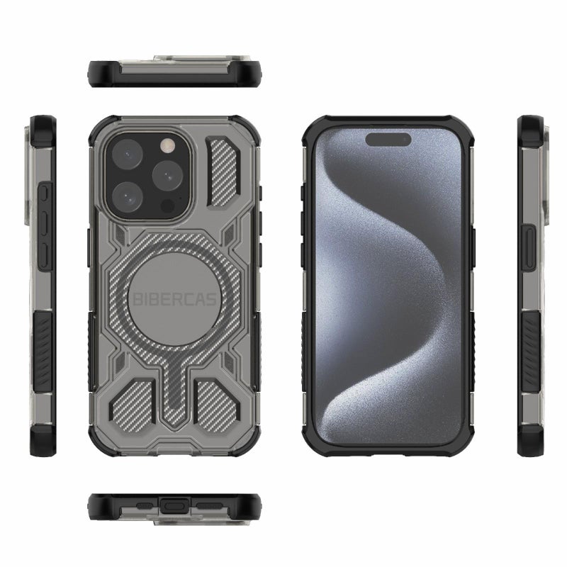 بيبركاس جراب هاتف مقاوم للصدمات من Magsafe Air Bag لهاتف iPhone 15 Pro بلون شفاف (أسود) - Image 2