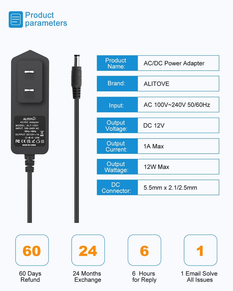 ALITOVE DC 12V 1A Power Supply 12W AC Adapter 100~240V 50-60hz to 12 Volt 1Amp 0.5A Transformer DC 12V Power Cord 5.5 x 2.5mm 2.1mm Plug for LED Strip Light CCTV Security Camera and More - Image 3