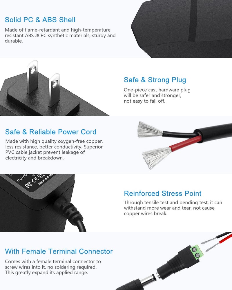 ALITOVE DC 12V 1A Power Supply 12W AC Adapter 100~240V 50-60hz to 12 Volt 1Amp 0.5A Transformer DC 12V Power Cord 5.5 x 2.5mm 2.1mm Plug for LED Strip Light CCTV Security Camera and More - Image 4