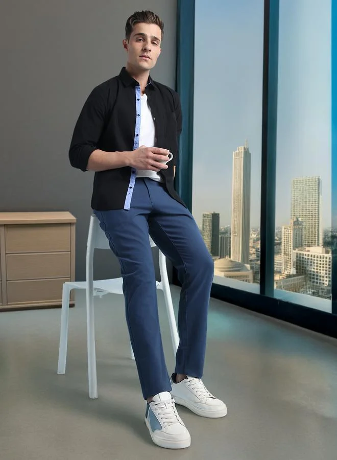 Men's Denim Blue 100% Cotton Solid Pattern Chinos Straight Fit Trouser