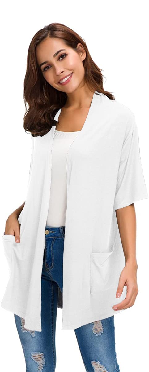 ADANIKI Womens Short Sleeve Open Front Lightweight Casual Comfy Long Line Drape Hem Soft Modal Cardigans Sweater with Two Pockets (White, L) - Image 3