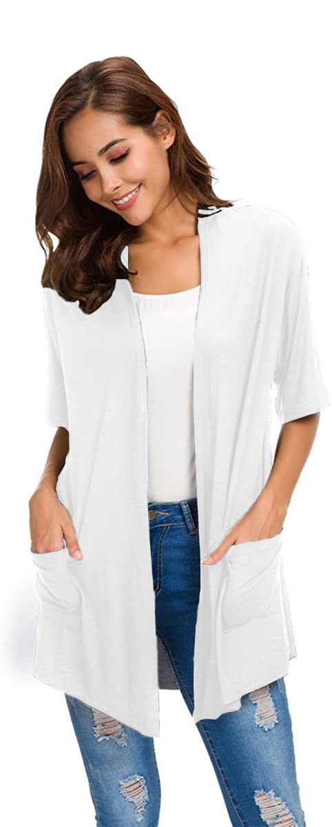 ADANIKI Womens Short Sleeve Open Front Lightweight Casual Comfy Long Line Drape Hem Soft Modal Cardigans Sweater with Two Pockets (White, L) - Image 2
