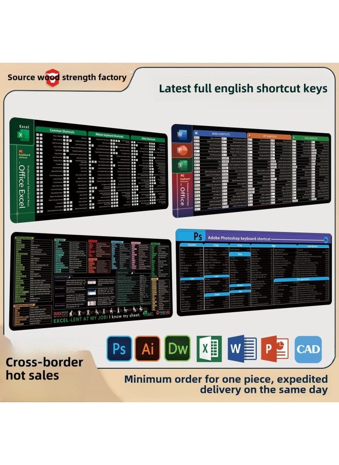 Generic - Excel Large Size English Shortcut Key Mouse Pad Office Computer Anti-slip Desk Mat Customizable Rubber Fabric Business Supplies-Color:400*900*2mm-Pattern:Excel Shortcut Mouse Pad - Image 1