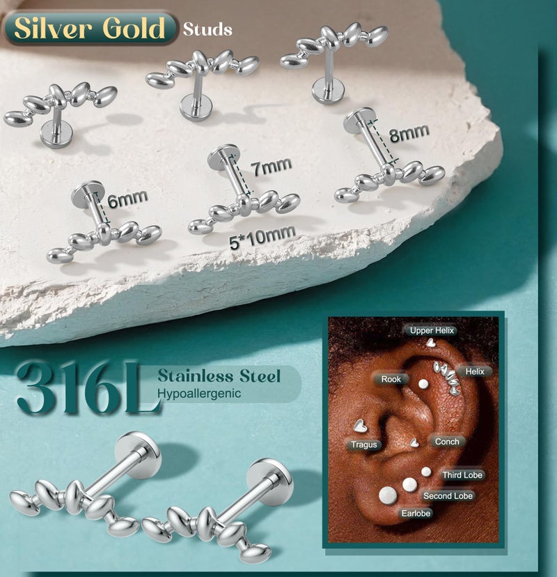 GEMQUEEN Flat Back Earrings Studs : Internal Thread Surgical Stainless Steel Earrings Hypoallergenic for Women Men 18G Cartilage Helix Tragus Conch Piercing Jewelry Dainty Leaf Stud Earring Sets - Image 2