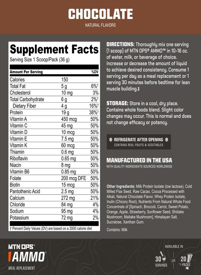 MTN OPS Ammo Meal Replacement Shake Powder – 19g Protein, 10g Flaxseed, 4.5g Whole Foods, Real Fruits & Vegetables – Daily Nutrition & On-the-Go Fuel, 30 Servings, Chocolate - Image 3
