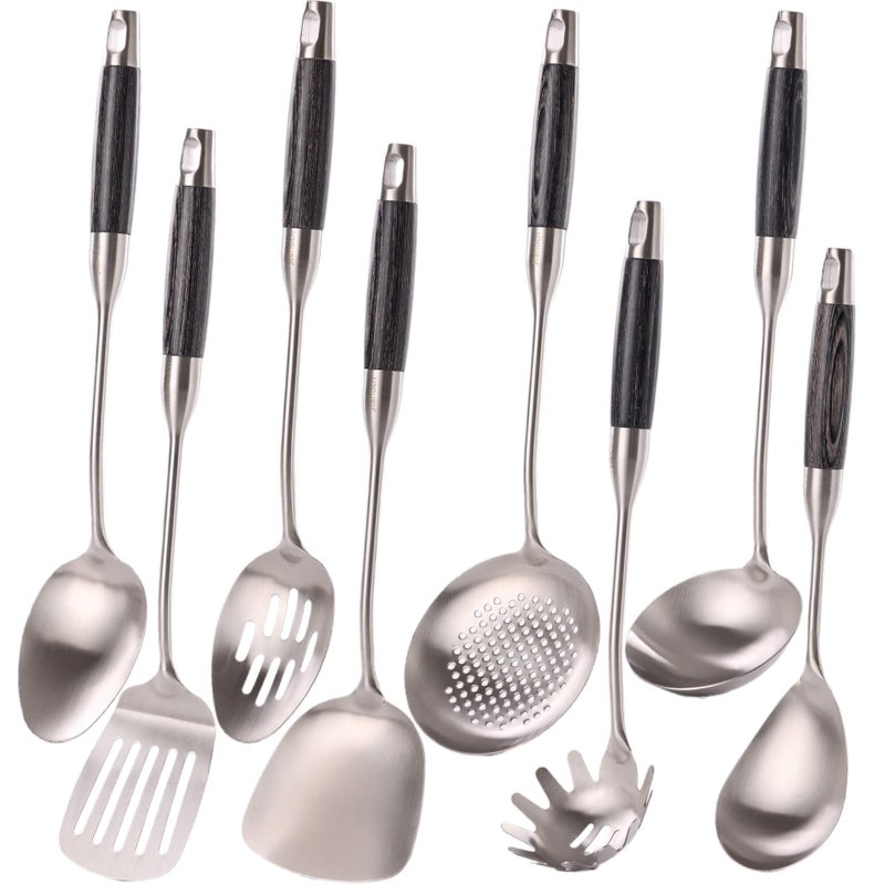 1810 Stainless Steel Kitchen Utensils Set with Wooden Handle 8Pcs 15 Long Cooking Utensil Set Kitchen Gadgets Cookware Set Serving UtensilsSpatula Turner Pasta Serving Spoon Skimmer Ladle